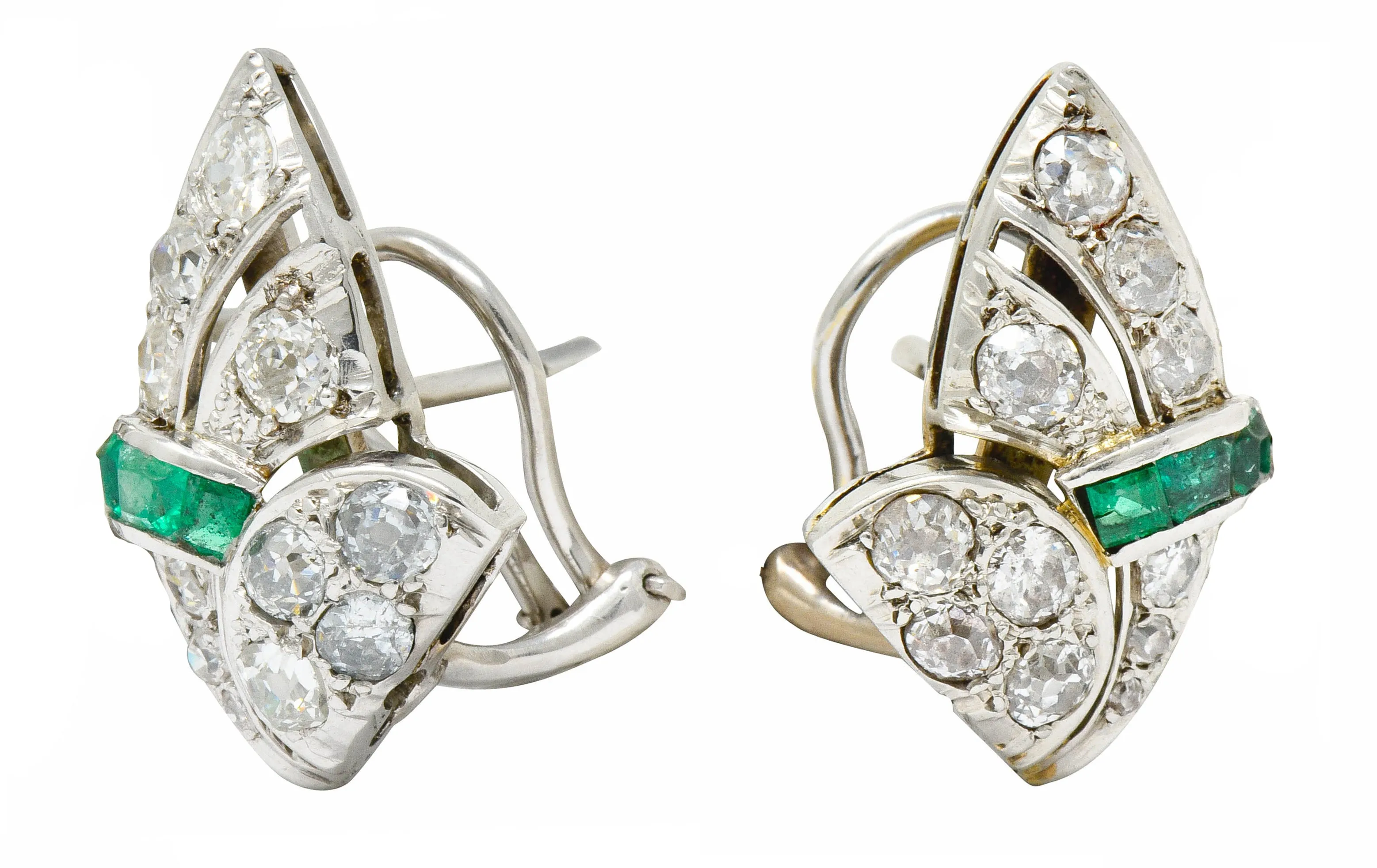 Art Deco 3.50 CTW Diamond Emerald Platinum Fanned Earrings