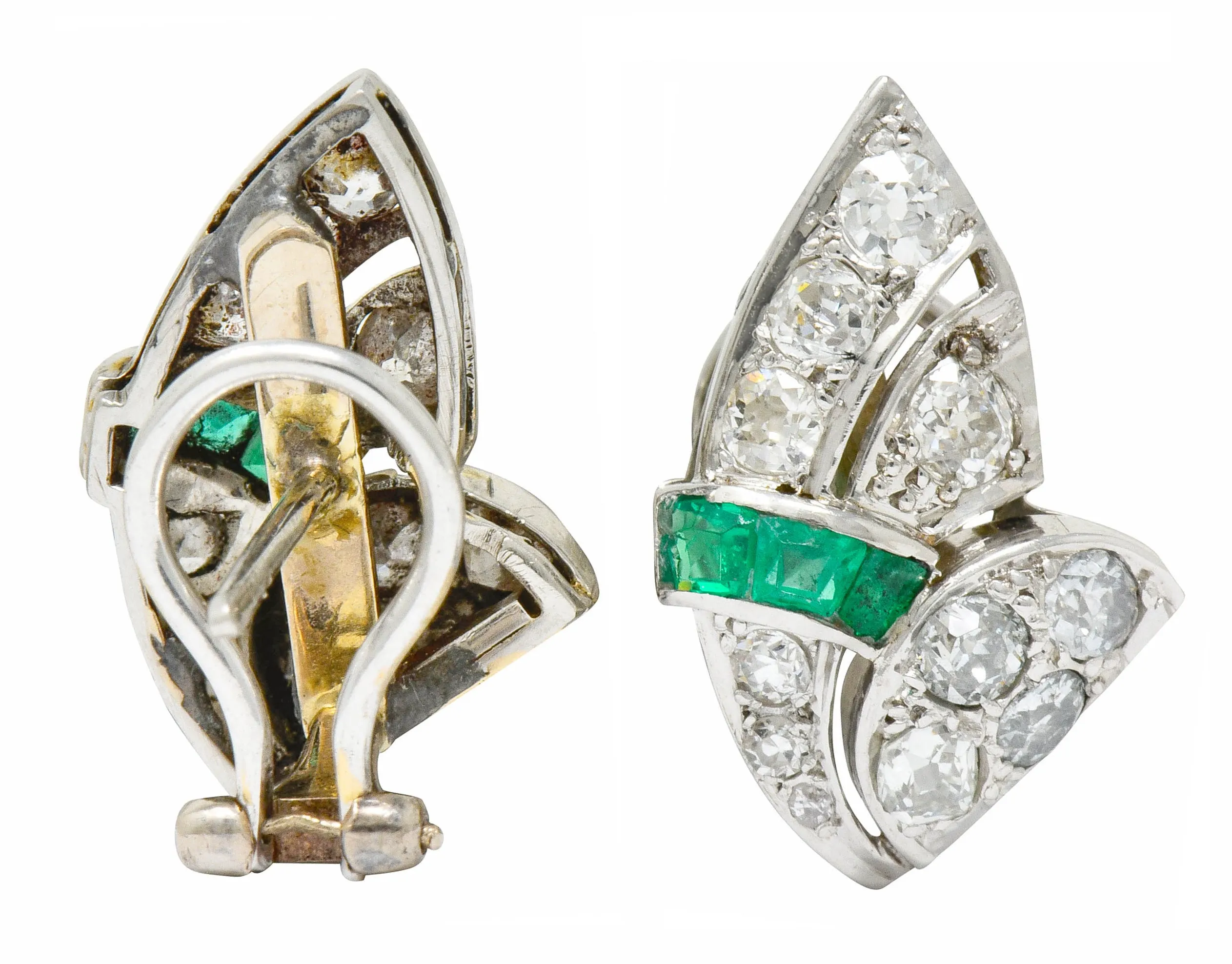 Art Deco 3.50 CTW Diamond Emerald Platinum Fanned Earrings