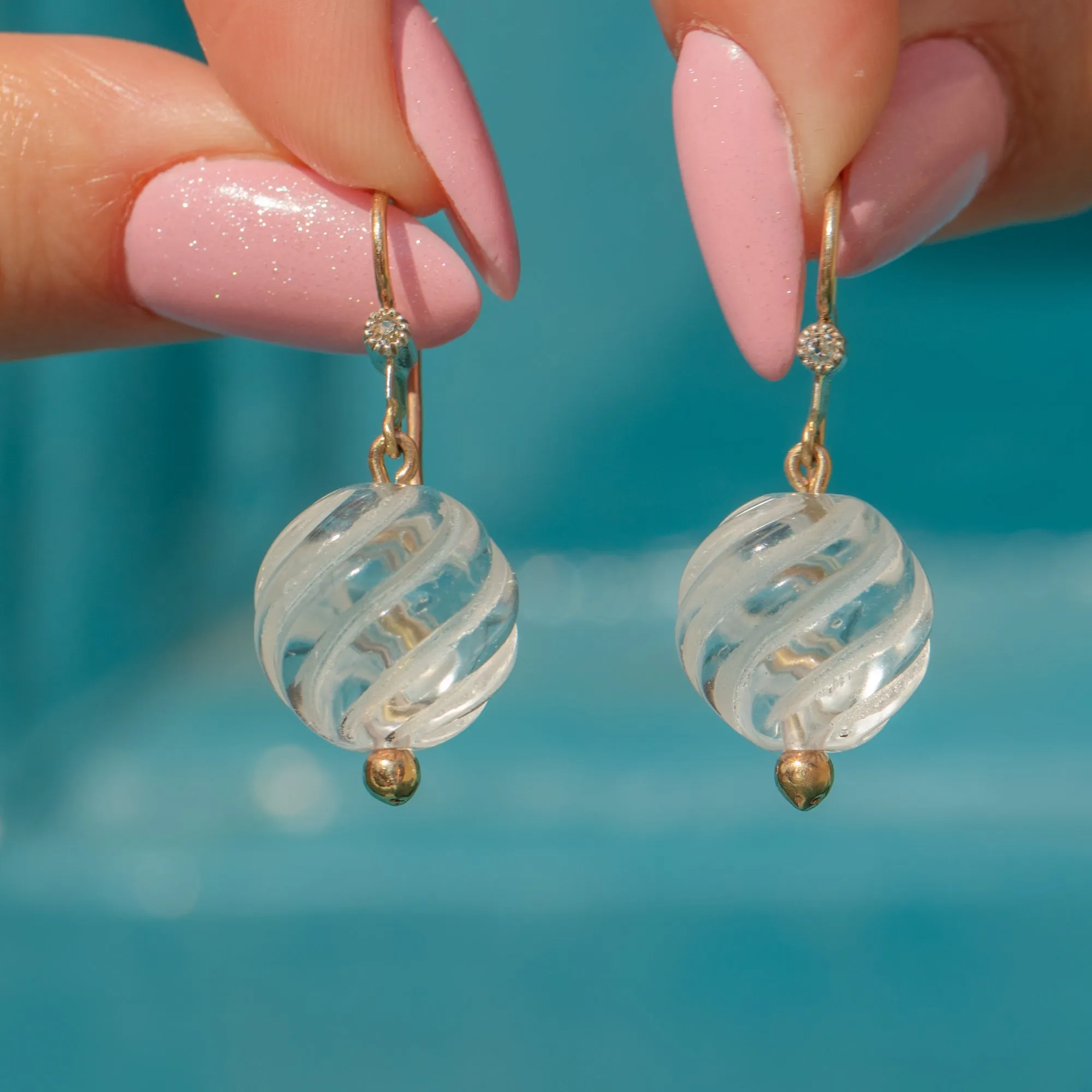 Art Deco 9ct Gold Carved Rock Crystal Diamond Drop Earrings