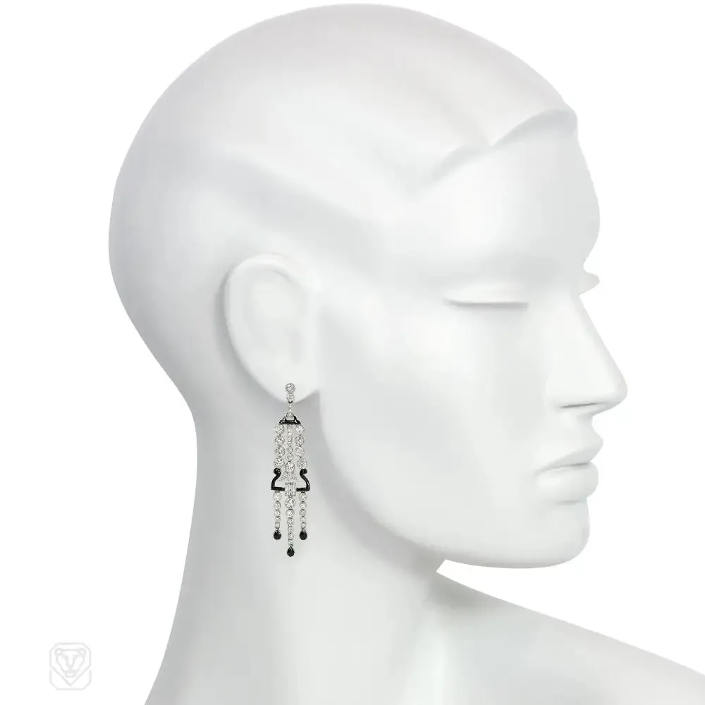 Art Deco black enamel and diamond fringe earrings
