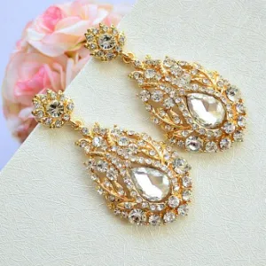 Art Deco Bridal Earrings. Vintage Inspired Art Nouveau Crystal Drop Earrings, Rhinestone Earrings. Gold Wedding Jewelry. Bridesmaid Earrings