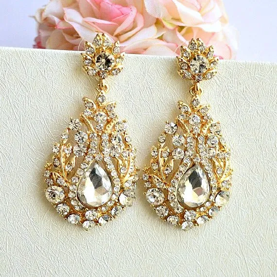 Art Deco Bridal Earrings. Vintage Inspired Art Nouveau Crystal Drop Earrings, Rhinestone Earrings. Gold Wedding Jewelry. Bridesmaid Earrings