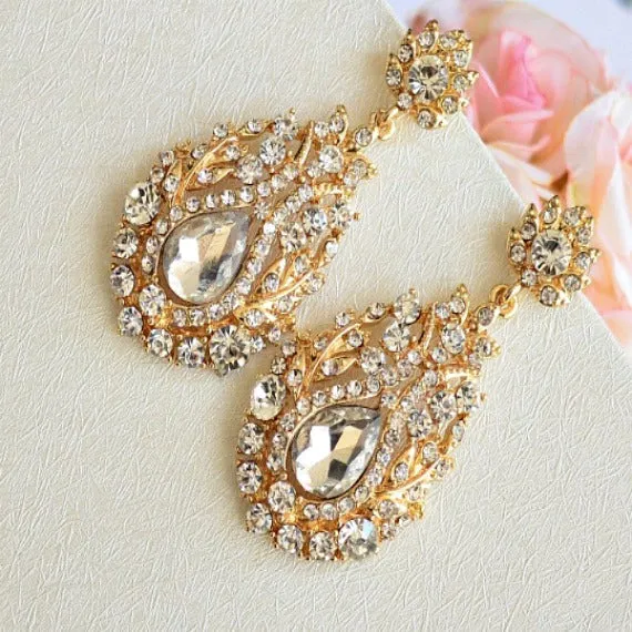 Art Deco Bridal Earrings. Vintage Inspired Art Nouveau Crystal Drop Earrings, Rhinestone Earrings. Gold Wedding Jewelry. Bridesmaid Earrings
