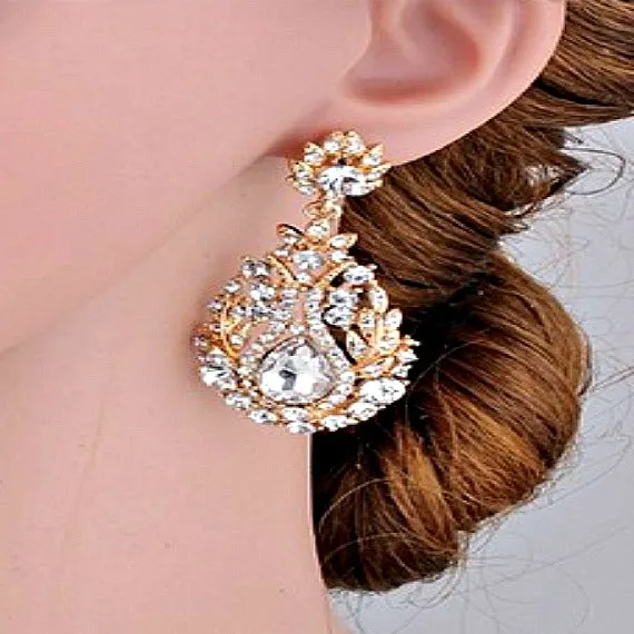 Art Deco Bridal Earrings. Vintage Inspired Art Nouveau Crystal Drop Earrings, Rhinestone Earrings. Gold Wedding Jewelry. Bridesmaid Earrings