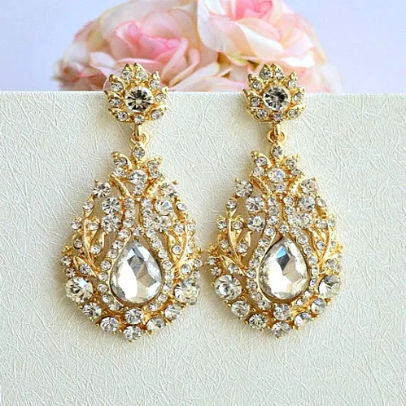 Art Deco Bridal Earrings. Vintage Inspired Art Nouveau Crystal Drop Earrings, Rhinestone Earrings. Gold Wedding Jewelry. Bridesmaid Earrings