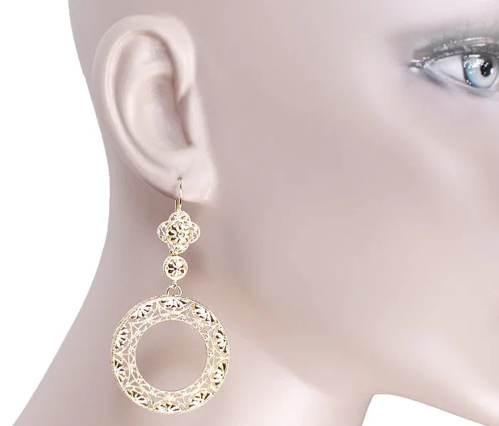 Art Deco Circle of Love Sterling Silver Drop Dangle Filigree Earrings with Yellow Gold Vermeil