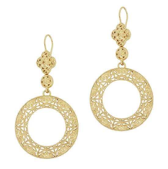 Art Deco Circle of Love Sterling Silver Drop Dangle Filigree Earrings with Yellow Gold Vermeil