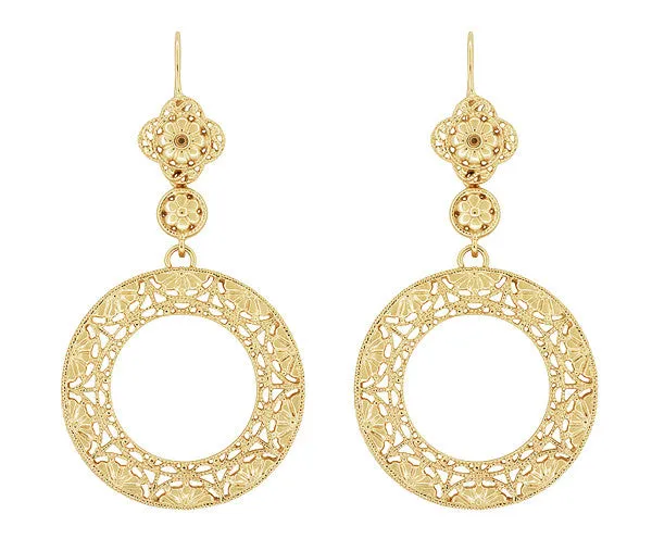 Art Deco Circle of Love Sterling Silver Drop Dangle Filigree Earrings with Yellow Gold Vermeil