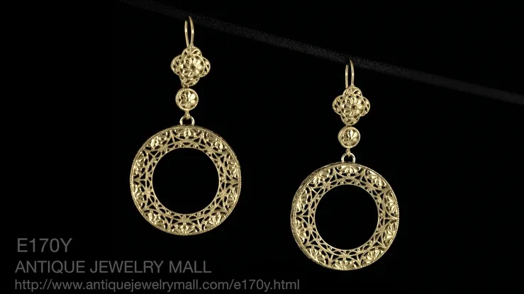 Art Deco Circle of Love Sterling Silver Drop Dangle Filigree Earrings with Yellow Gold Vermeil