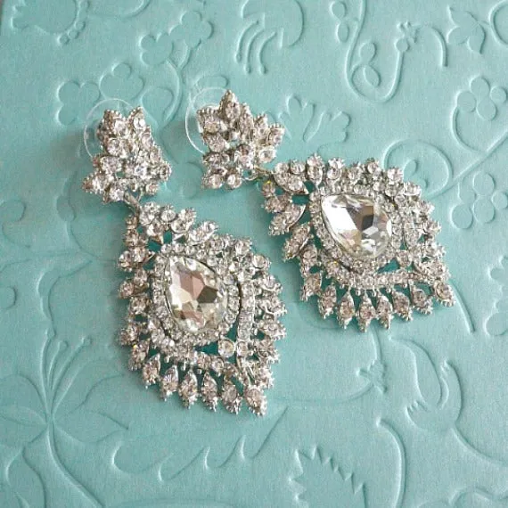 Art Deco Crystal Bridal Earrings, Vintage Style Art Nouveau Rhinestone Drop Wedding Earrings, Victorian Chandelier Earrings