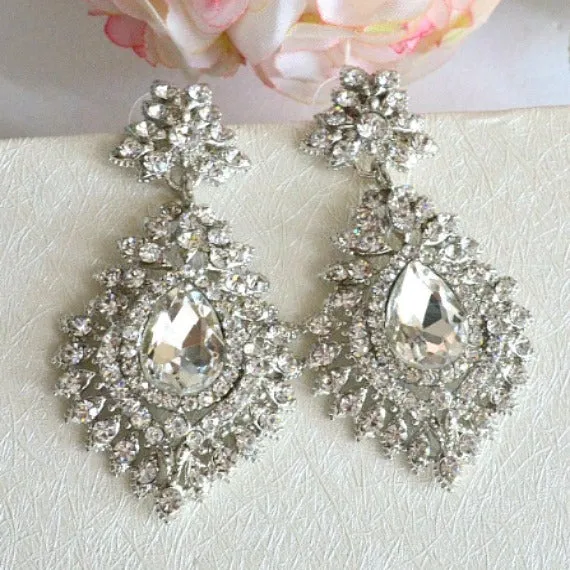Art Deco Crystal Bridal Earrings, Vintage Style Art Nouveau Rhinestone Drop Wedding Earrings, Victorian Chandelier Earrings