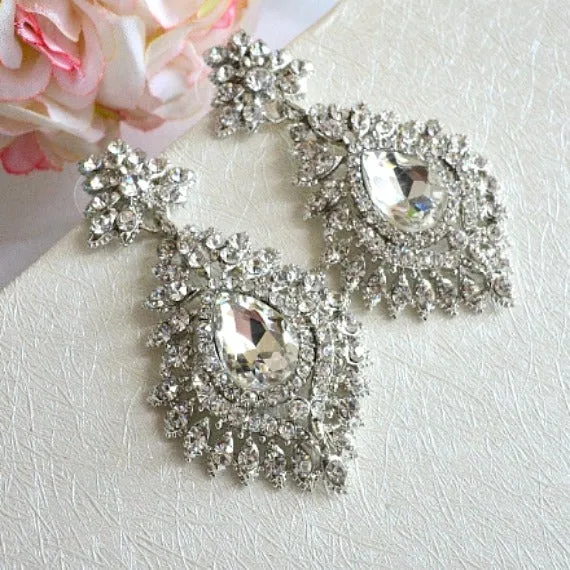 Art Deco Crystal Bridal Earrings, Vintage Style Art Nouveau Rhinestone Drop Wedding Earrings, Victorian Chandelier Earrings