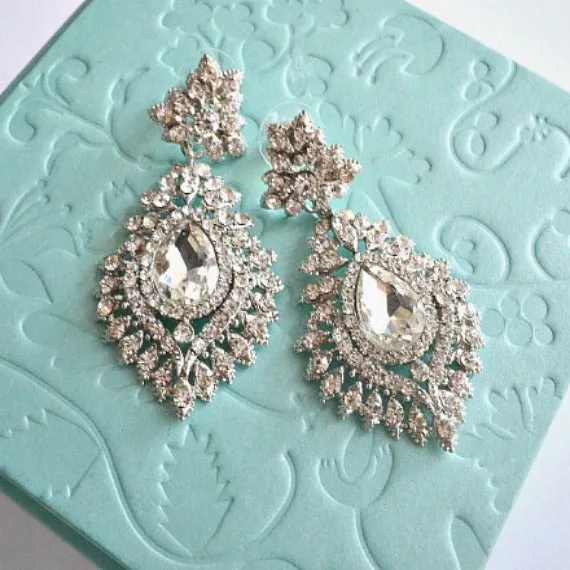 Art Deco Crystal Bridal Earrings, Vintage Style Art Nouveau Rhinestone Drop Wedding Earrings, Victorian Chandelier Earrings