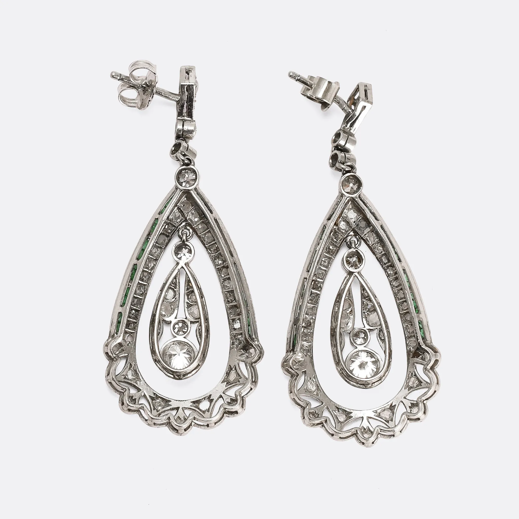 Art Deco Diamond & Emerald Teardrop Earrings