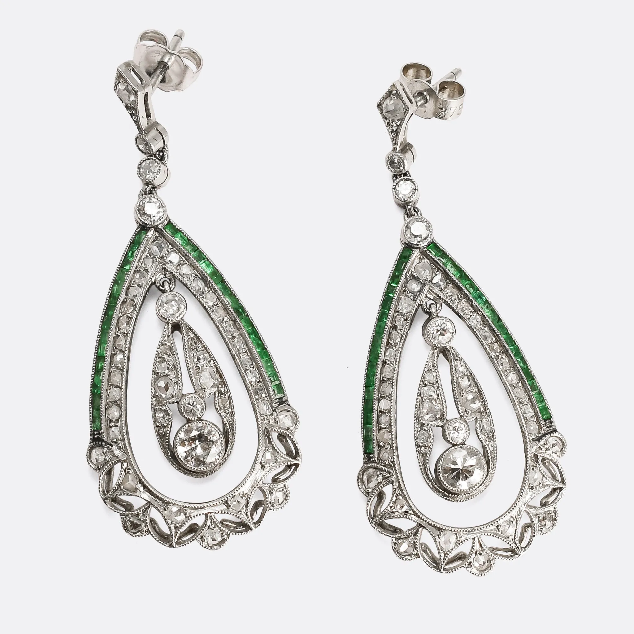 Art Deco Diamond & Emerald Teardrop Earrings