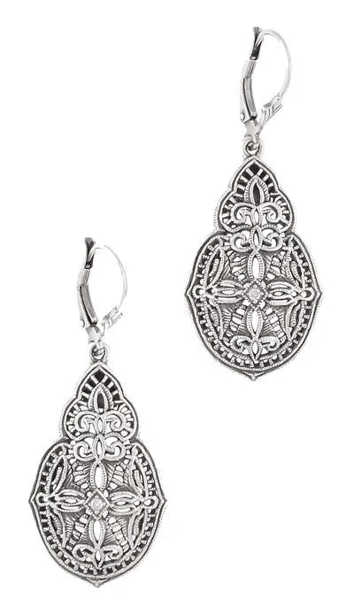 Art Deco Diamond Filigree Teardrop Dangling Earrings in Sterling Silver