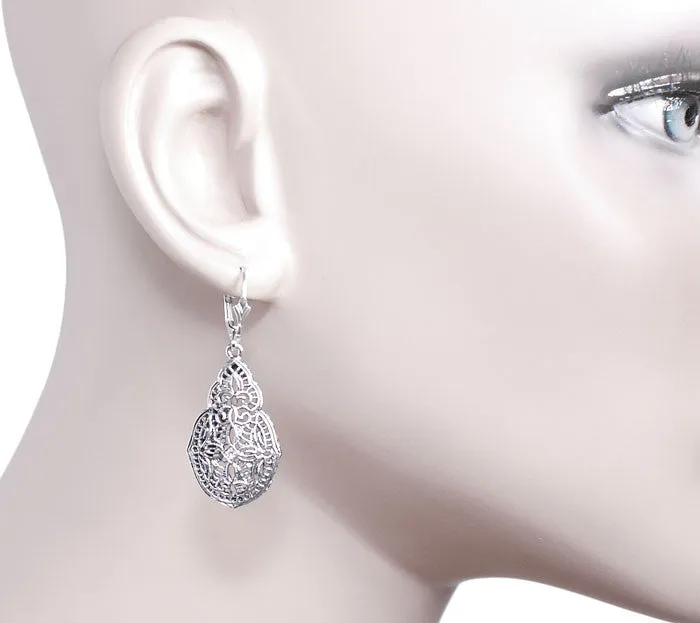 Art Deco Diamond Filigree Teardrop Dangling Earrings in Sterling Silver