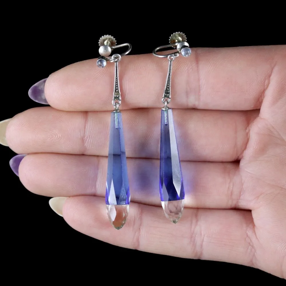 Art Deco Drop Earrings Silver Blue Glass Circa 1920