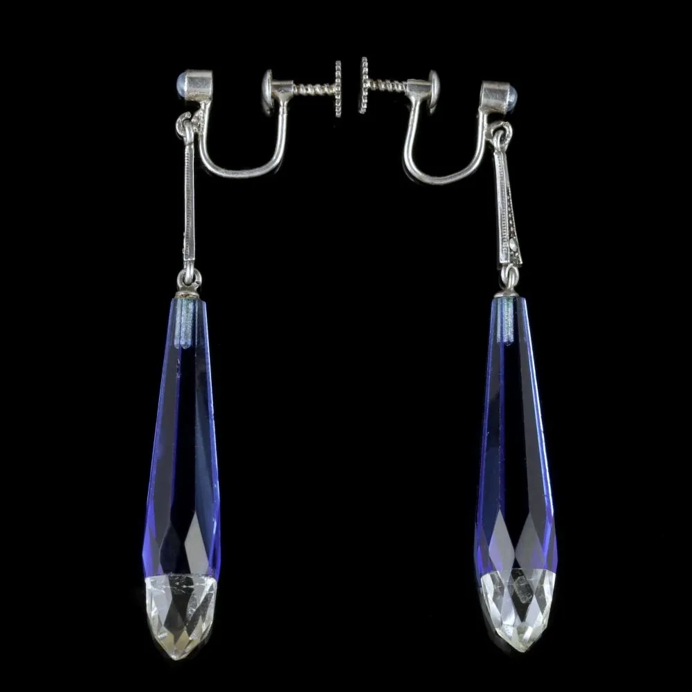 Art Deco Drop Earrings Silver Blue Glass Circa 1920