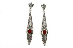 Art Deco Earrings Carnelian Red Agate Silver Marcasite