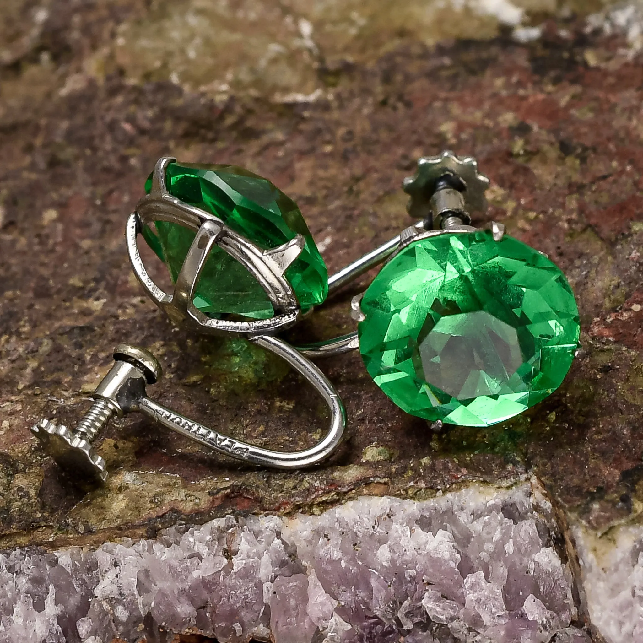 Art Deco Emerald Paste Plati-non Solitaire Earrings