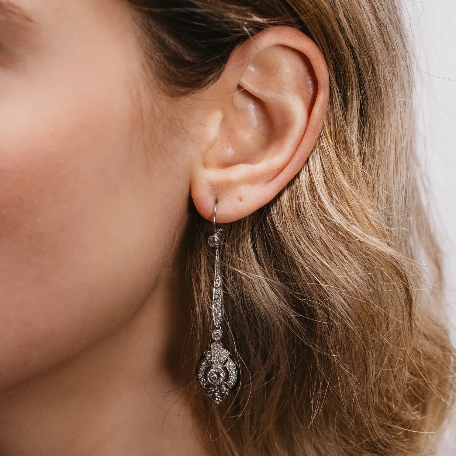 Art Deco Era Diamond & Black Enamel Dangle Earrings