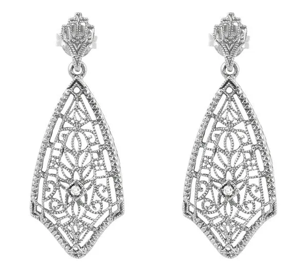 Art Deco Fan Drop Filigree Diamond Earrings in Sterling Silver