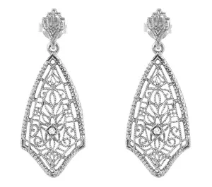 Art Deco Fan Drop Filigree Diamond Earrings in Sterling Silver