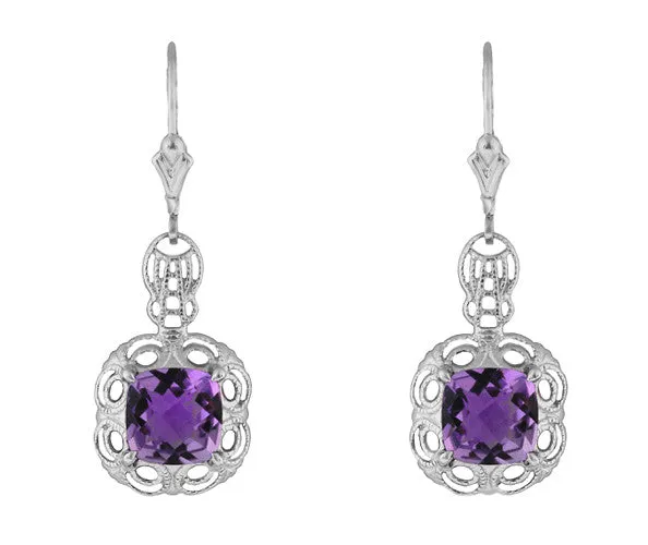 Art Deco Filigree Cushion Cut Amethyst Drop Earrings in Sterling Silver