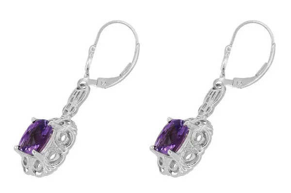 Art Deco Filigree Cushion Cut Amethyst Drop Earrings in Sterling Silver