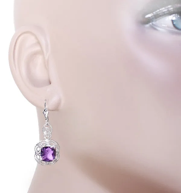 Art Deco Filigree Cushion Cut Amethyst Drop Earrings in Sterling Silver