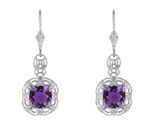Art Deco Filigree Cushion Cut Amethyst Drop Earrings in Sterling Silver