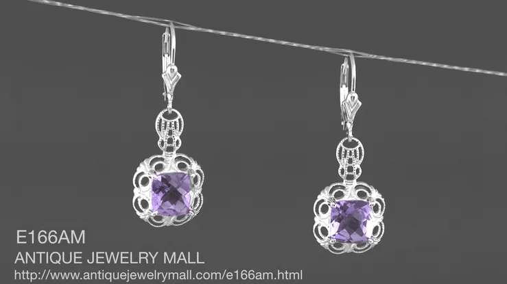Art Deco Filigree Cushion Cut Amethyst Drop Earrings in Sterling Silver