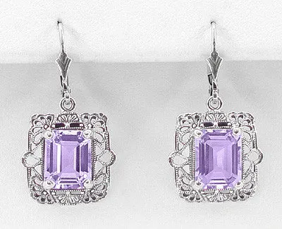 Art Deco Filigree Lavender Amethyst Drop Earrings in Sterling Silver
