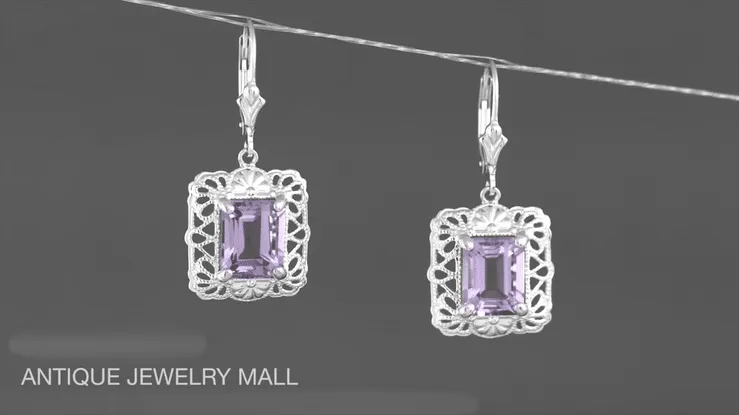 Art Deco Filigree Lavender Amethyst Drop Earrings in Sterling Silver