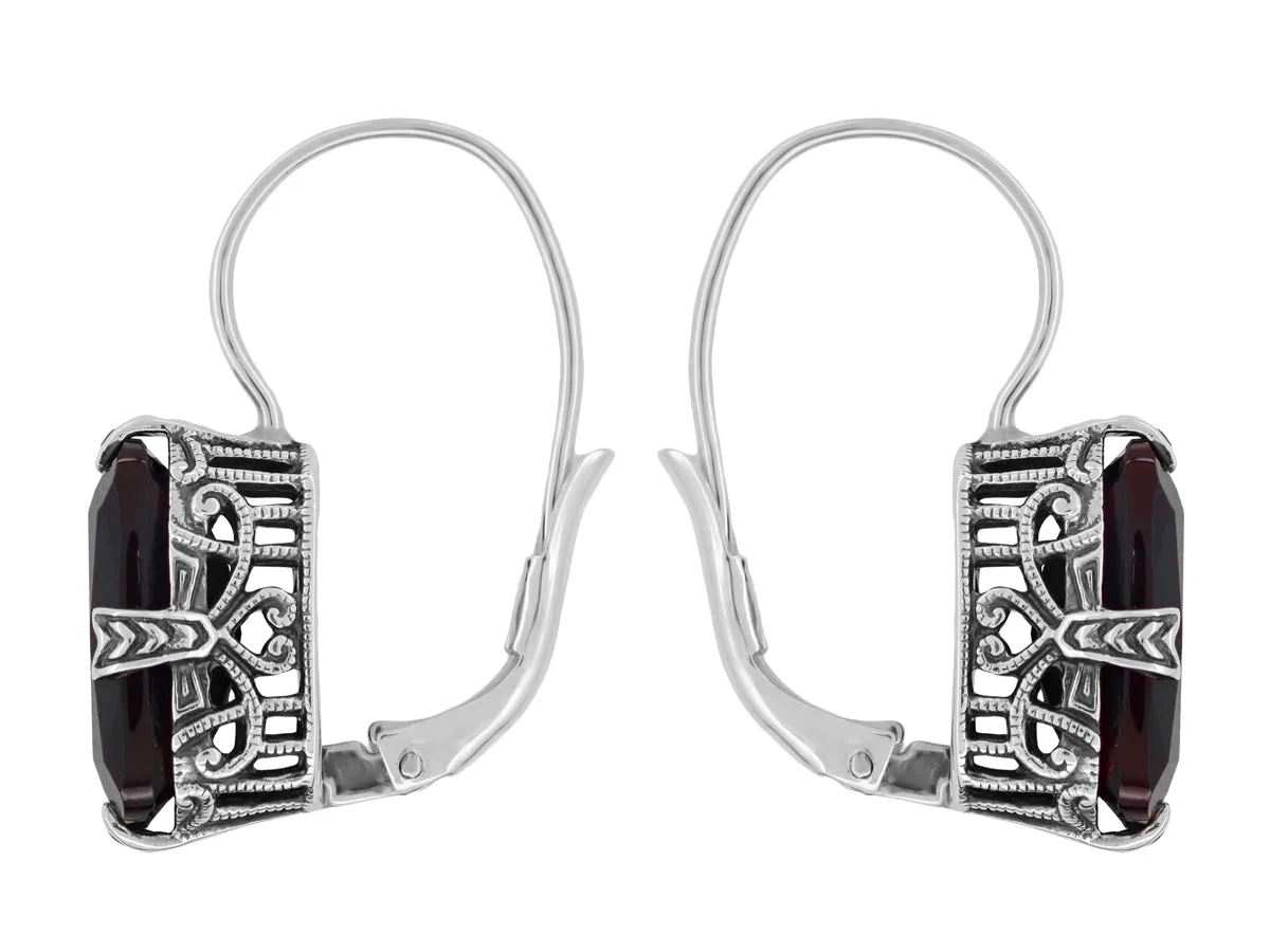 Art Deco Filigree Oval Cushion Cut Dark Red Garnet Earrings in Sterling Silver