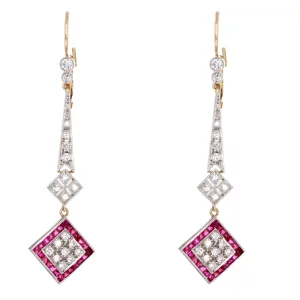 Art Deco French Cut Natural Ruby Single Cut Diamond Drop Earrings in Platinum 18K Yellow Gold