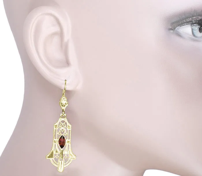 Art Deco Geometric Almandite Garnet Dangling Filigree Earrings in Sterling Silver with Yellow Gold Vermeil