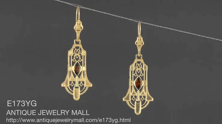 Art Deco Geometric Almandite Garnet Dangling Filigree Earrings in Sterling Silver with Yellow Gold Vermeil