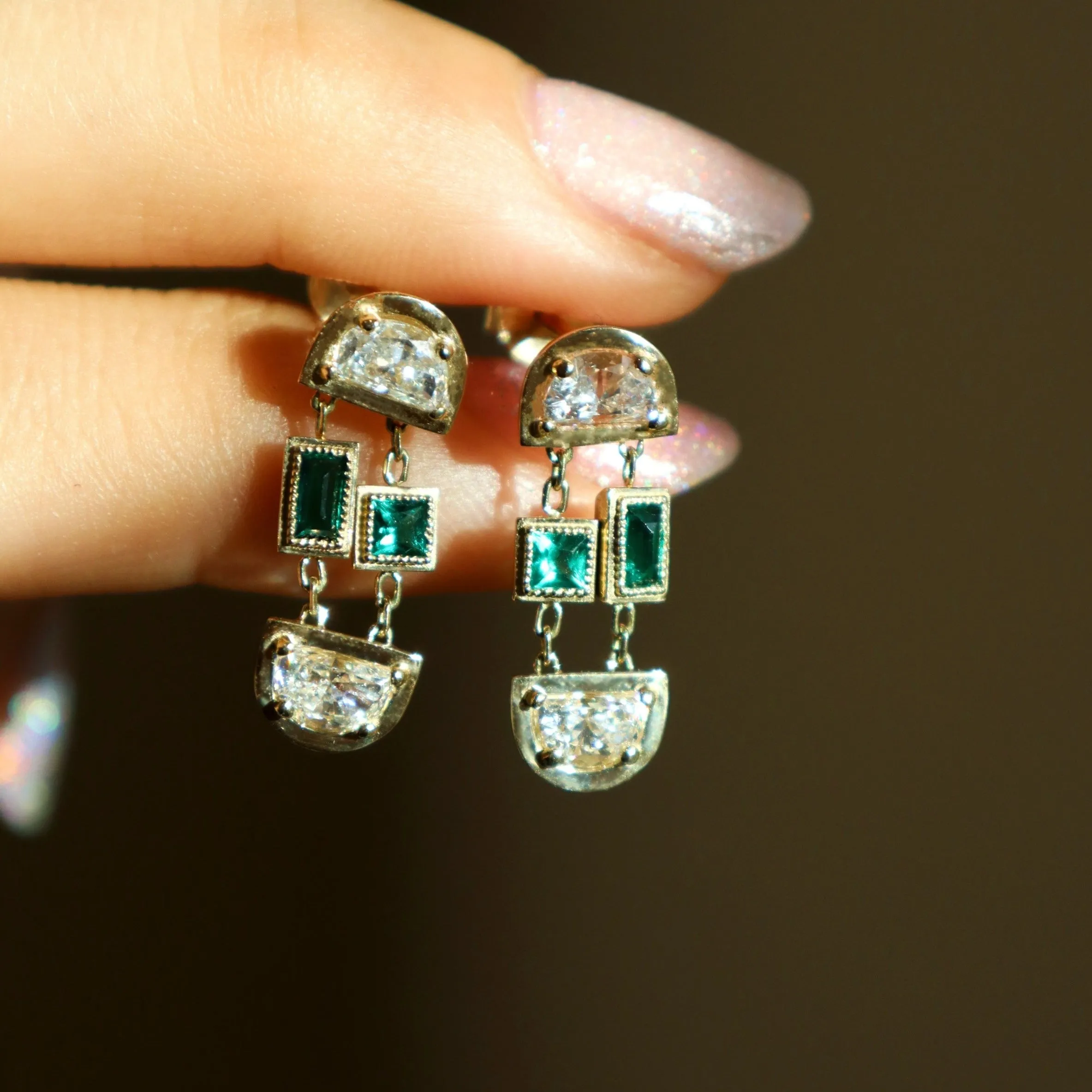 Art Deco Half Moon Diamond and Emerald Dangle Earrings
