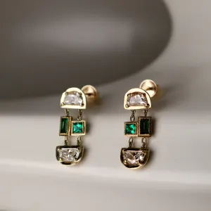 Art Deco Half Moon Diamond and Emerald Dangle Earrings