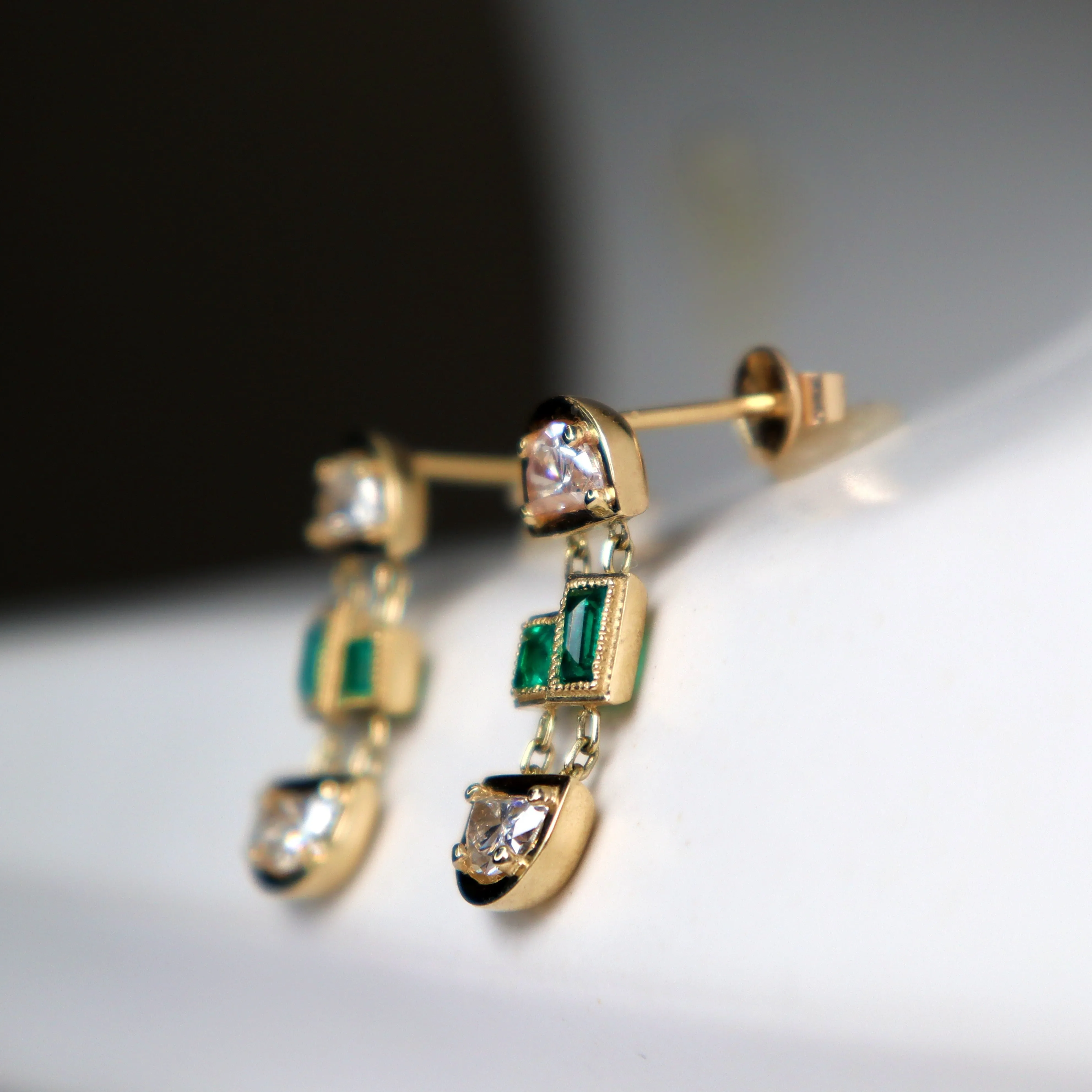 Art Deco Half Moon Diamond and Emerald Dangle Earrings