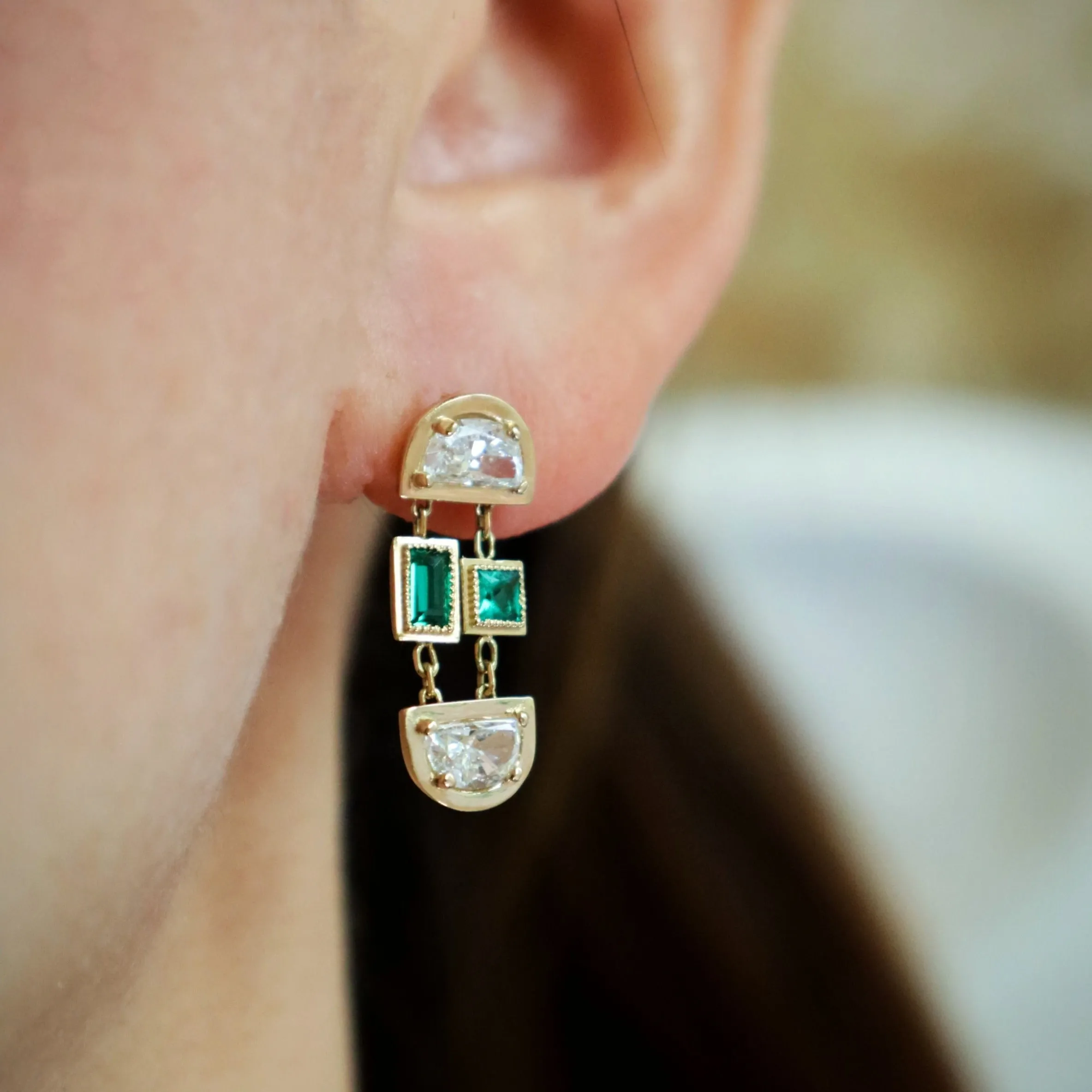 Art Deco Half Moon Diamond and Emerald Dangle Earrings