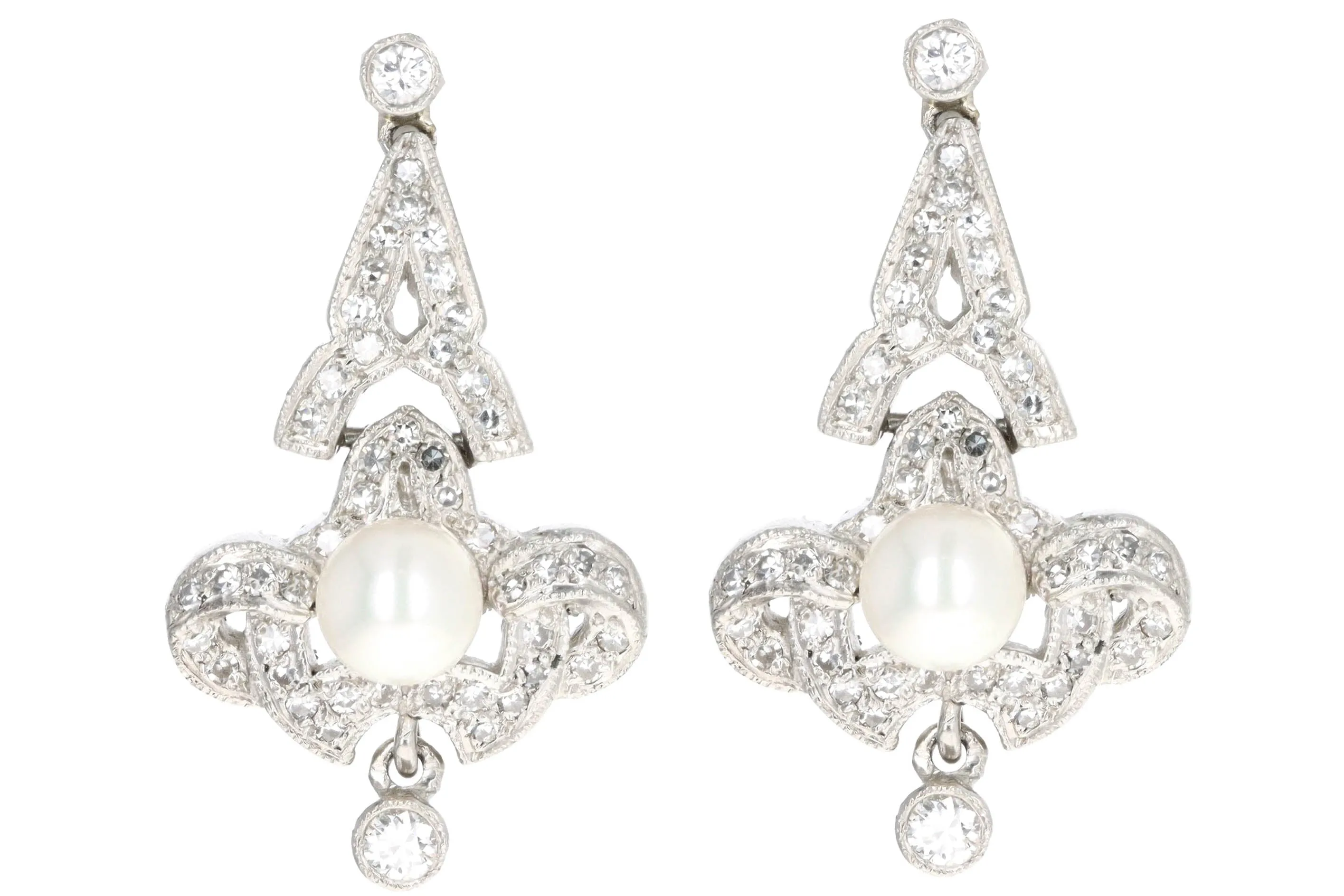 Art Deco Inspired Platinum Pearl & Diamond Drop Earrings