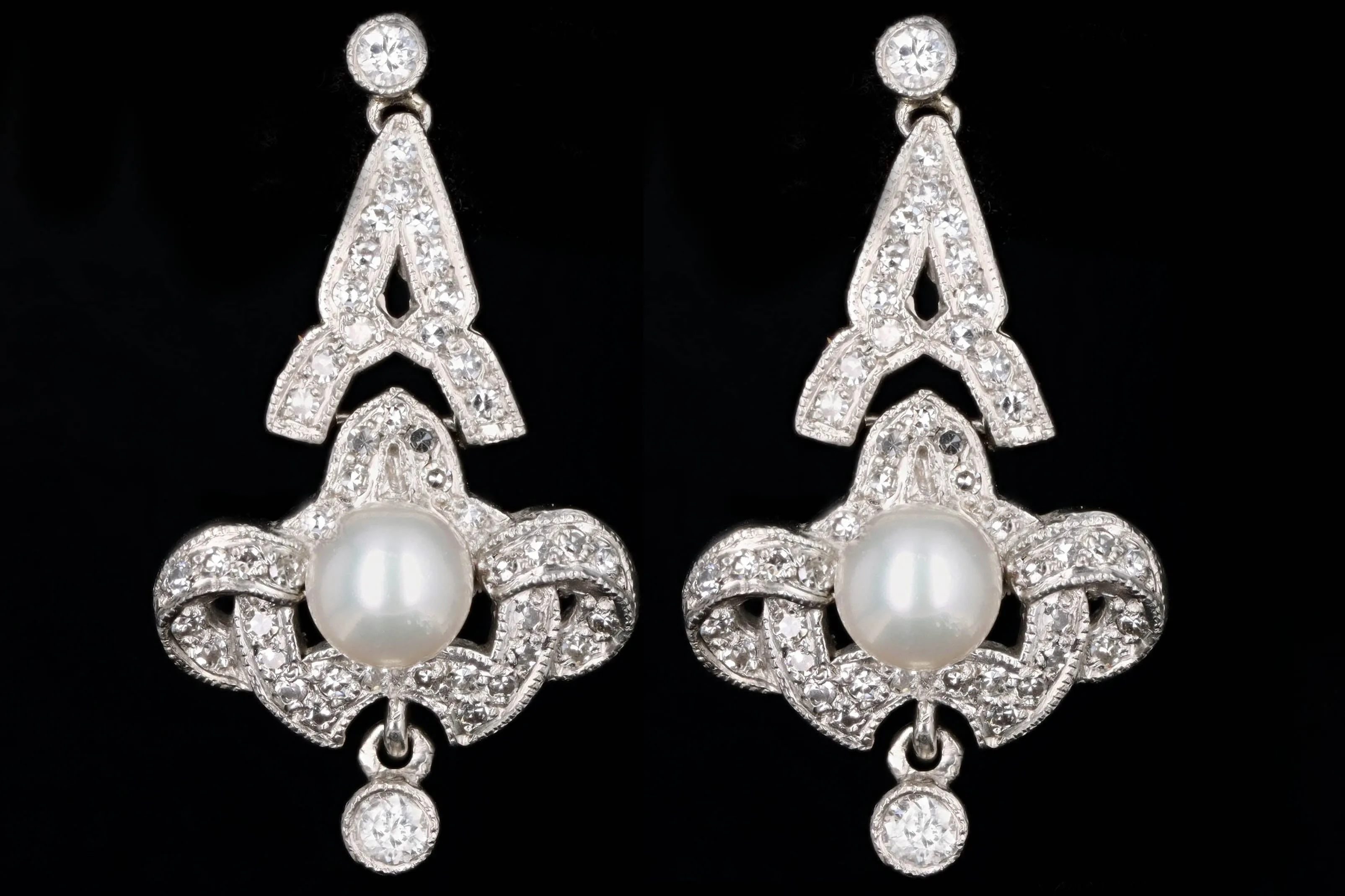Art Deco Inspired Platinum Pearl & Diamond Drop Earrings