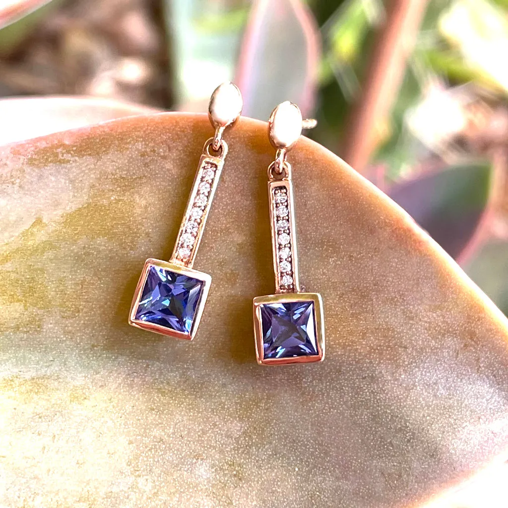 Art Deco Inspired Square Tanzanite and Diamond Rose Gold Drop Earrings
