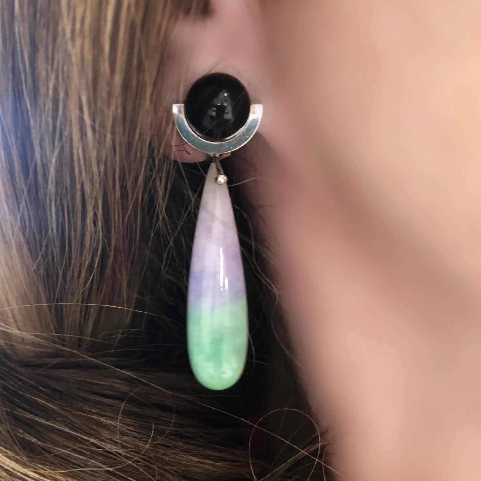 Art Deco Jade & Onyx Pendant Ear-Clips