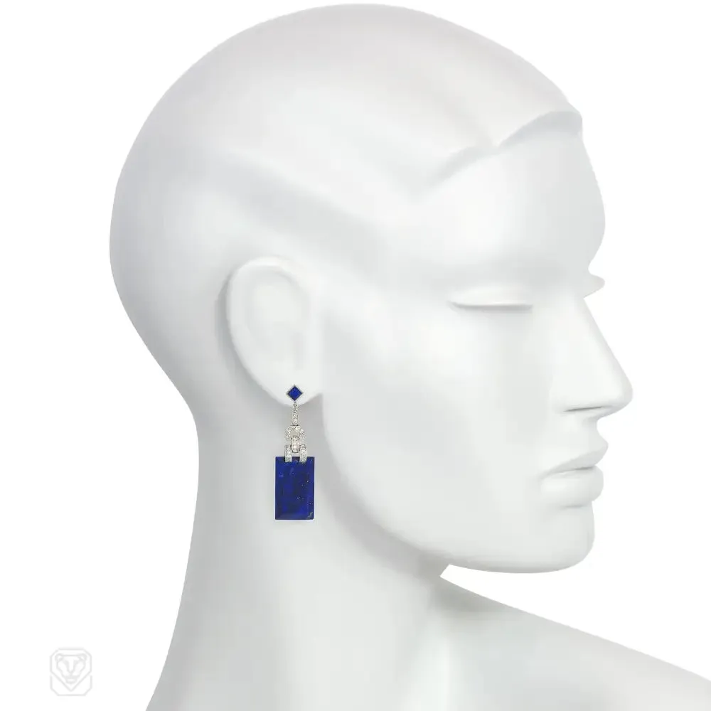 Art Deco lapis and diamond pendant earrings