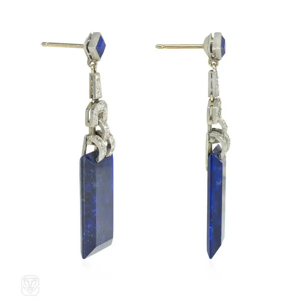Art Deco lapis and diamond pendant earrings