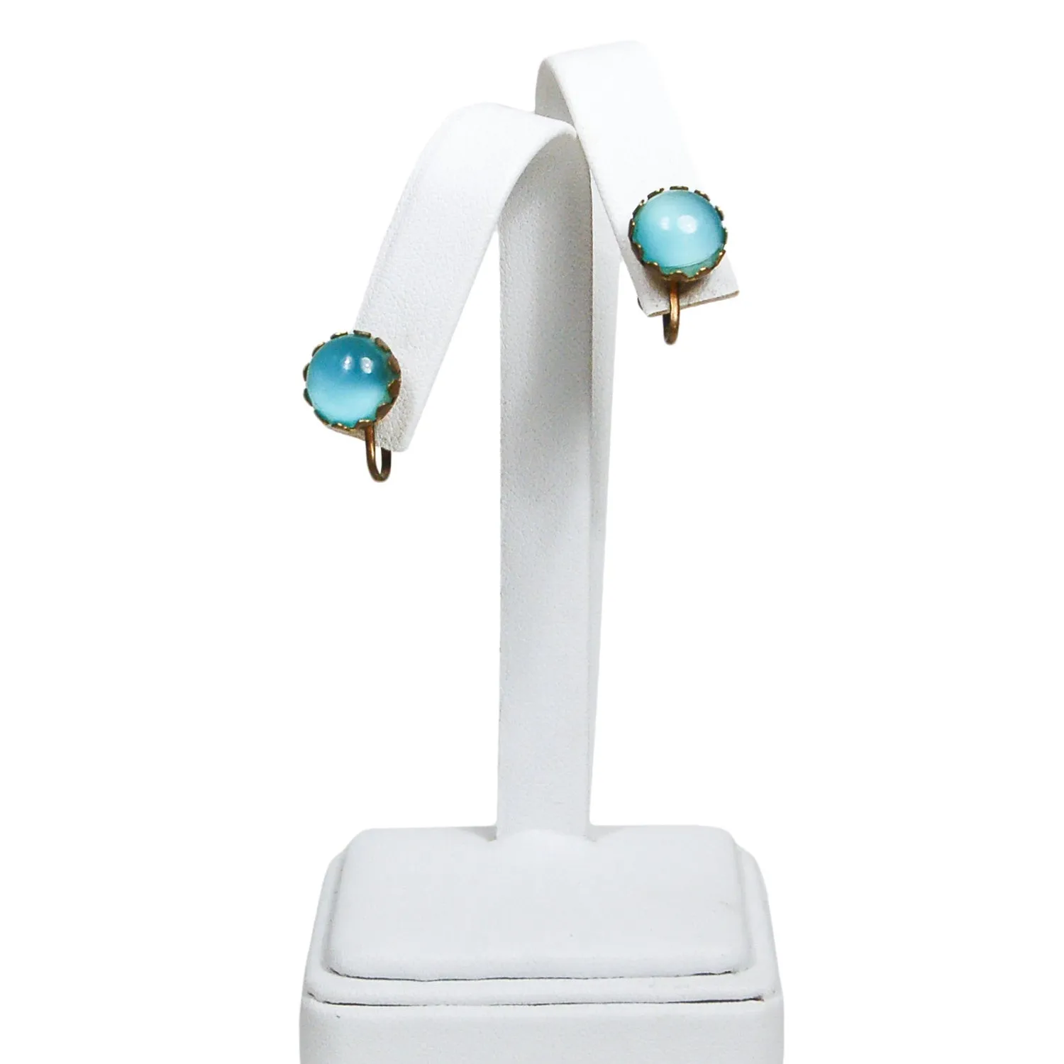 Art Deco Light Blue Glass Earrings set in Antique Gold Tone